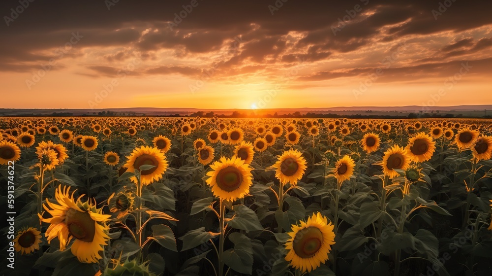 Panoramic field of sunflowers on sunset. Generative AI