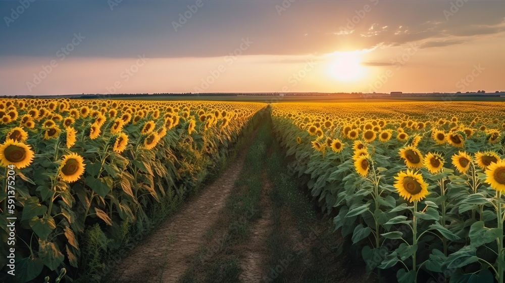 Panoramic field of sunflowers on sunset. Generative AI