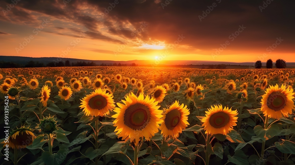 Panoramic field of sunflowers on sunset. Generative AI