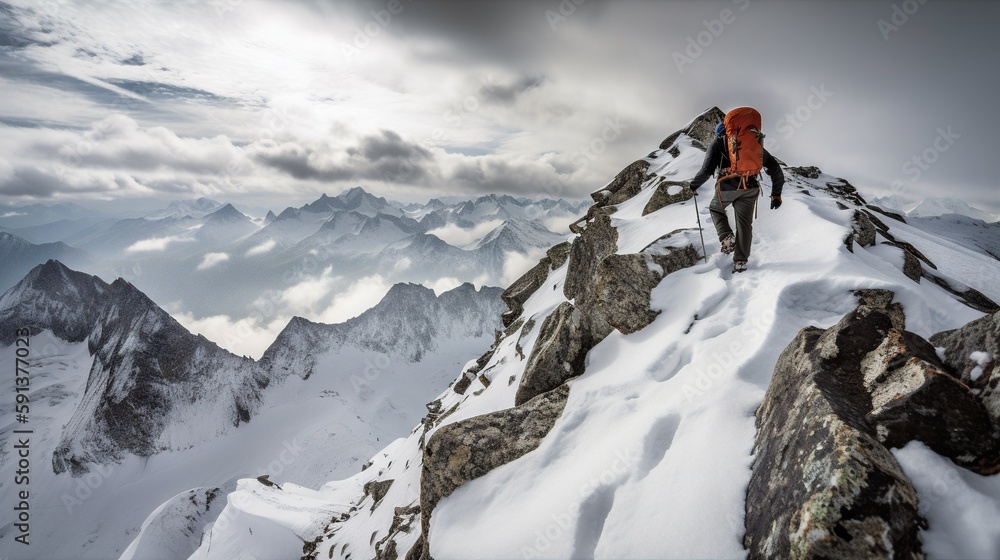 Explorer stand in front of high mountain peak winter snowy landscape. Generative AI