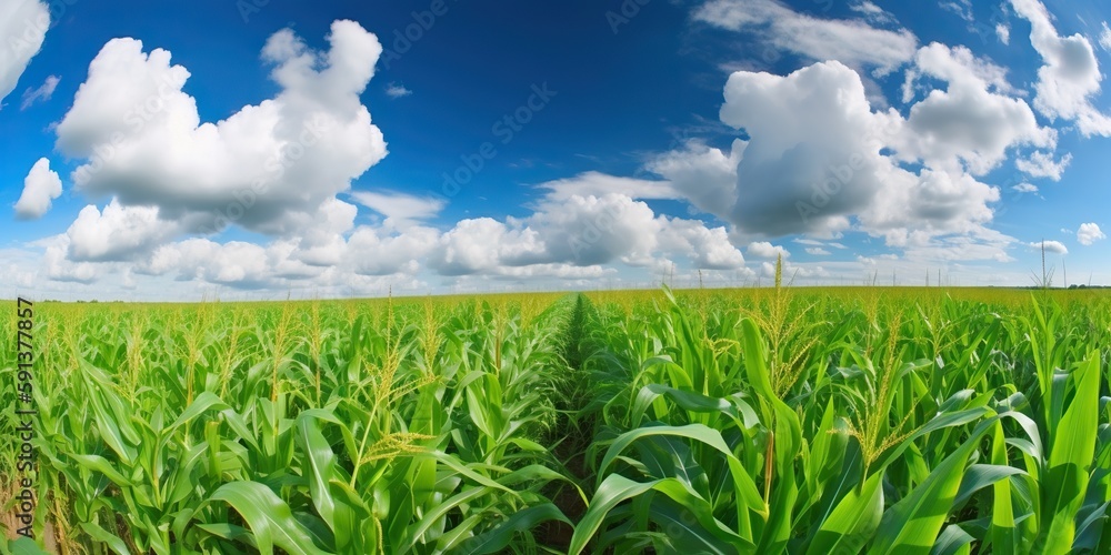 Agricultural corn field on sunny summer day. Generative AI