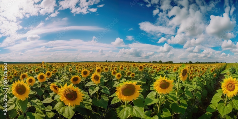 Panoramic field of sunflowers with blue sky on sunny day. Generative AI