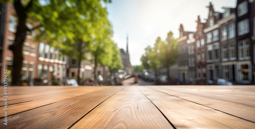 Wood table mockup with Amsterdam city street in shallow depth of field. Copy space for product. Gene