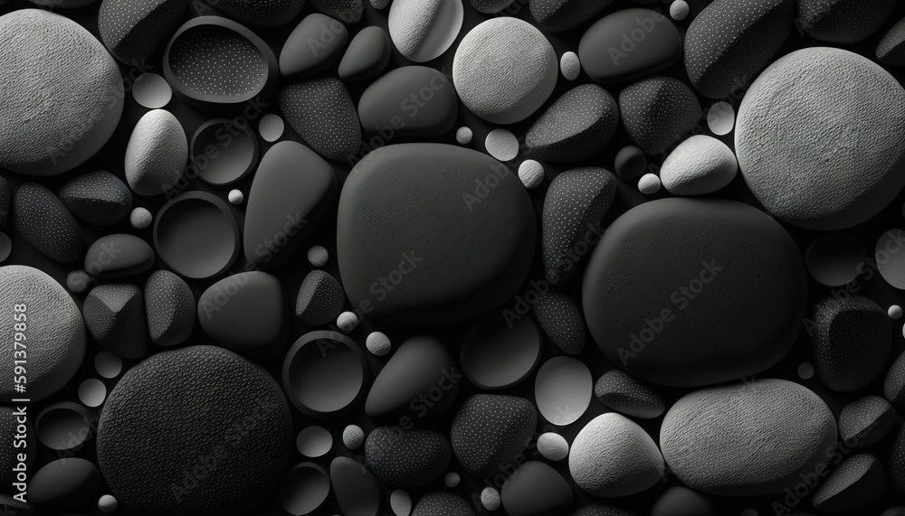 Black pebble stones texture. Dark natural rock backdrop. Generative AI