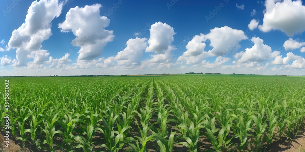 Agricultural corn field on sunny summer day. Generative AI