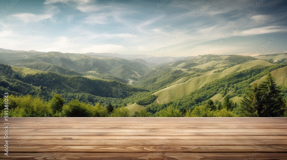 Wood table mockup with vibrant green hills on background. Empty copy space for product presentation.