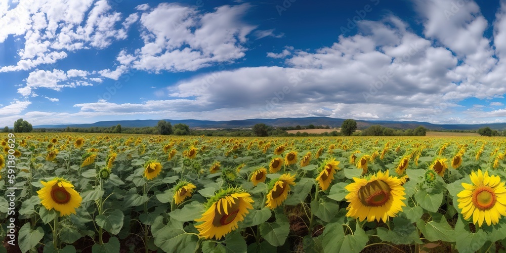 Panoramic field of sunflowers with blue sky on sunny day. Generative AI