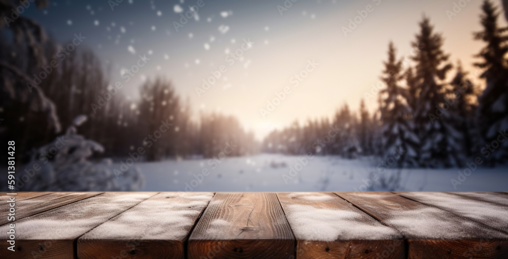 Wood table mockup with falling snow on background. Empty copy space for product presentation. Genera