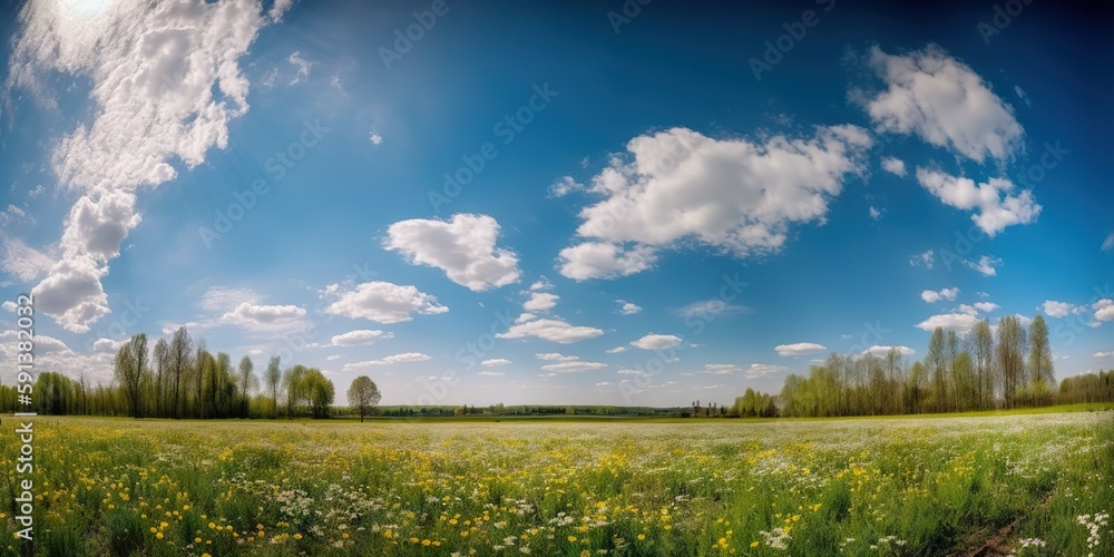 Spring flower field and blue sky with white clouds. Generative AI