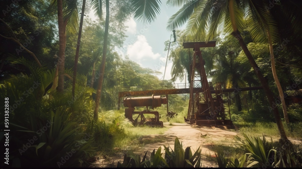 Oil rig in tropical forest. Palm trees and oil pumps. Generative AI