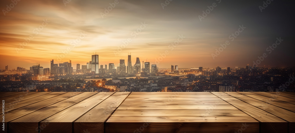 Wood table mockup with big city cityscape on background. Empty copy space for product presentation. 