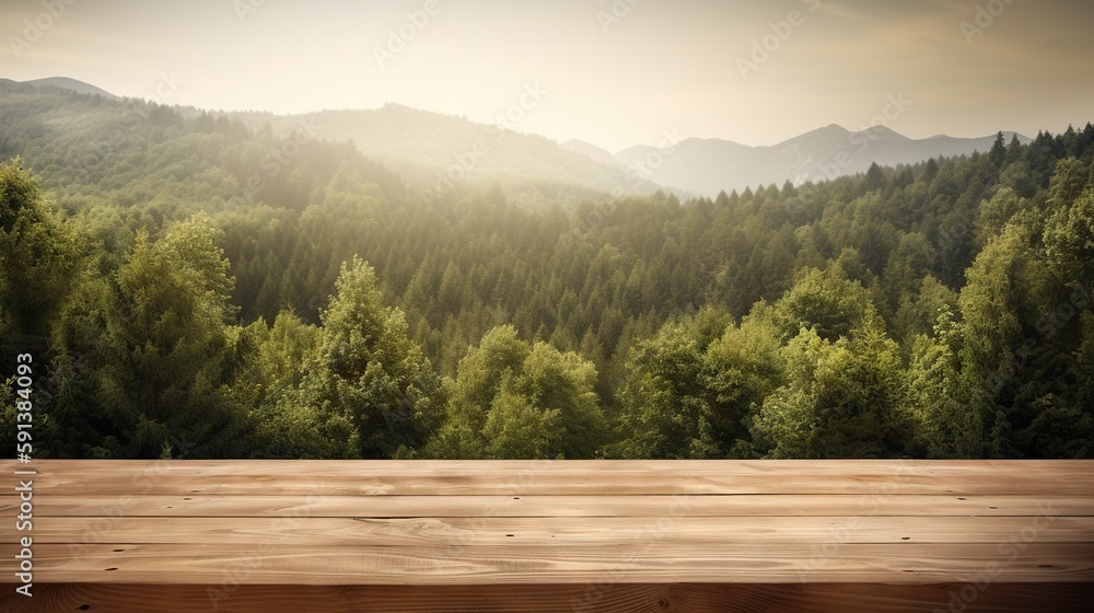 Wood table mockup with scenic green forest on background. Empty copy space for product presentation.