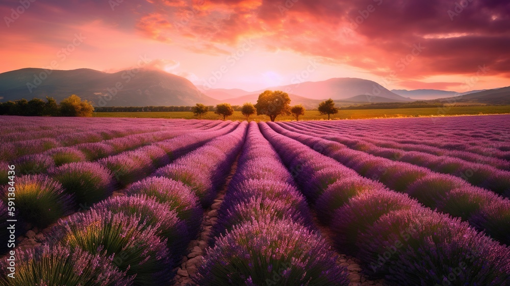 Stunning landscape with lavender field with stunning sunset on background. Generative AI