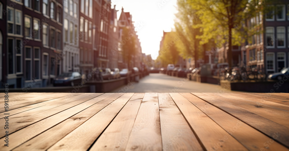 Wood table mockup with Amsterdam city street in shallow depth of field. Copy space for product. Gene