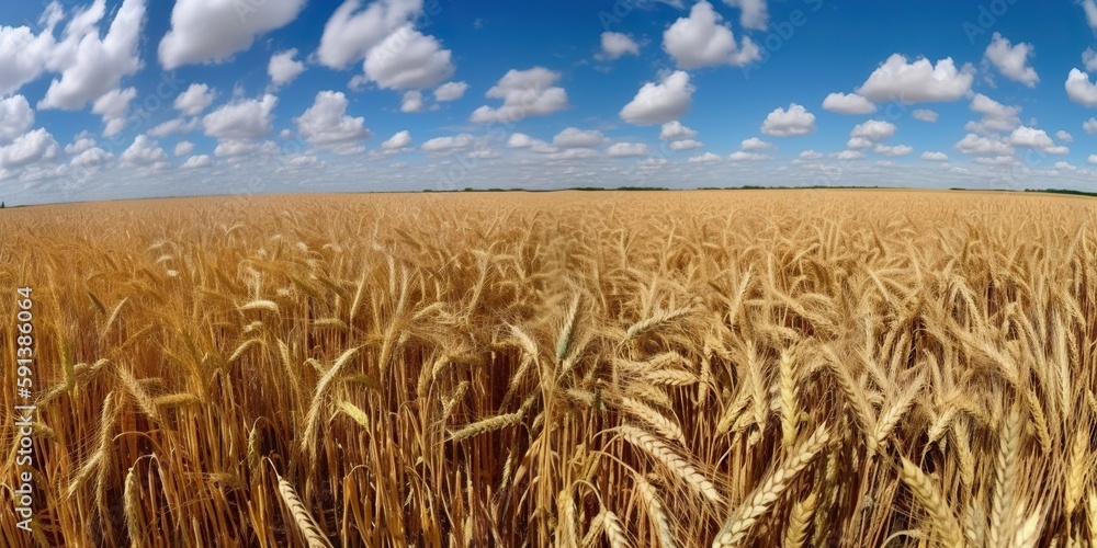 Field of golden ripe wheat under the blue sky and clouds. Generative AI