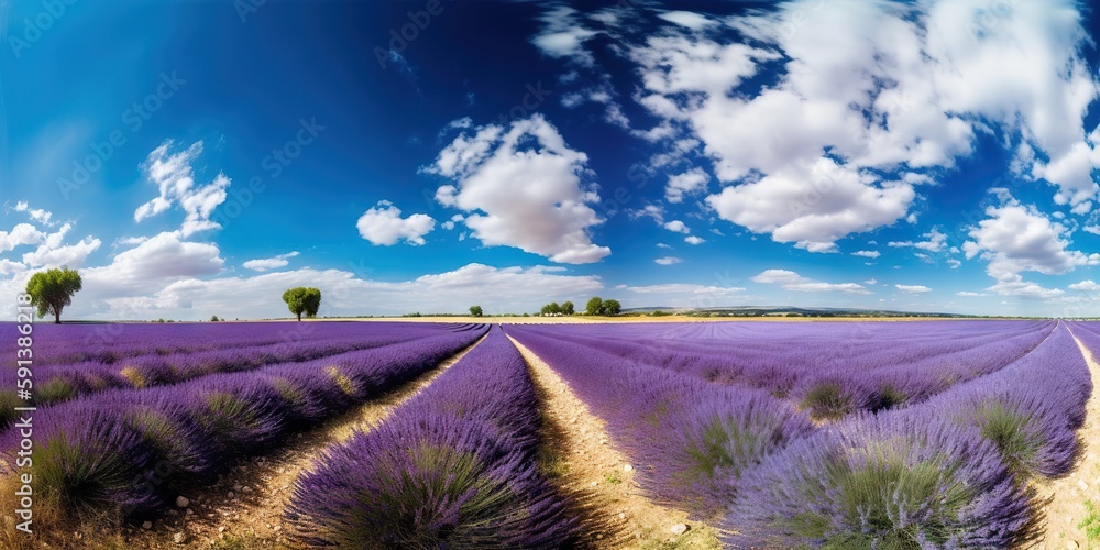 Stunning landscape with lavender field on sunny day. Generative AI