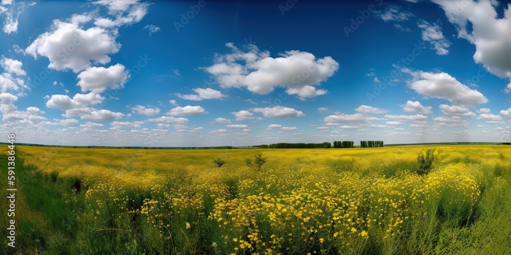 Spring flower field and blue sky with white clouds. Generative AI