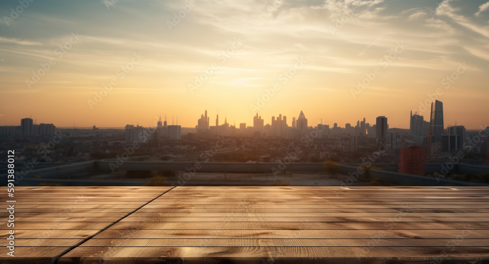 Wood table mockup with big city cityscape on background. Empty copy space for product presentation. 