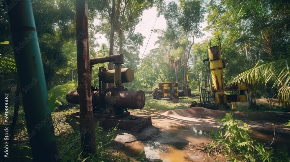 Oil rig in tropical forest. Palm trees and oil pumps. Generative AI