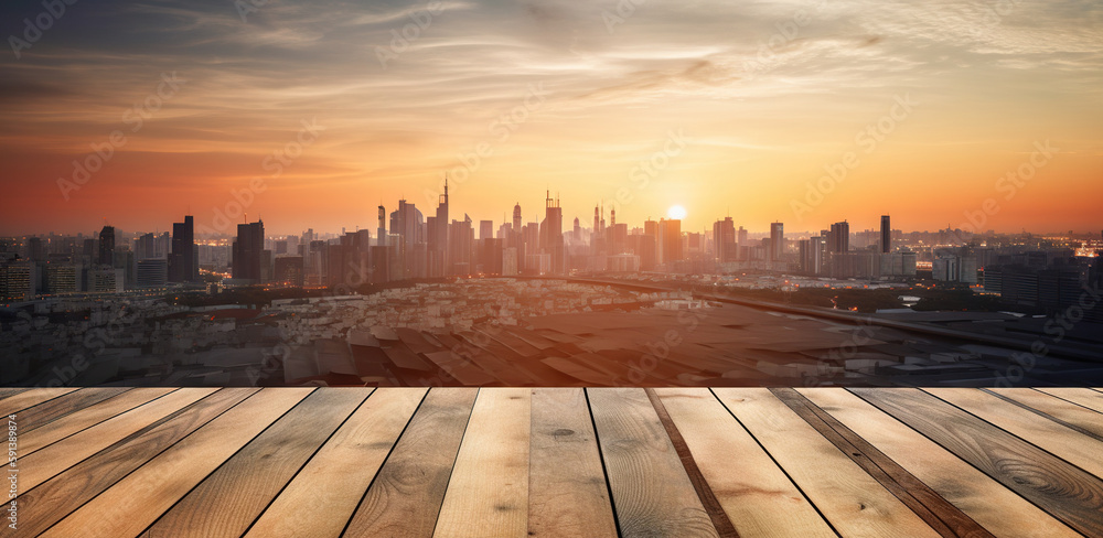 Wood table mockup with big city cityscape on background. Empty copy space for product presentation. 