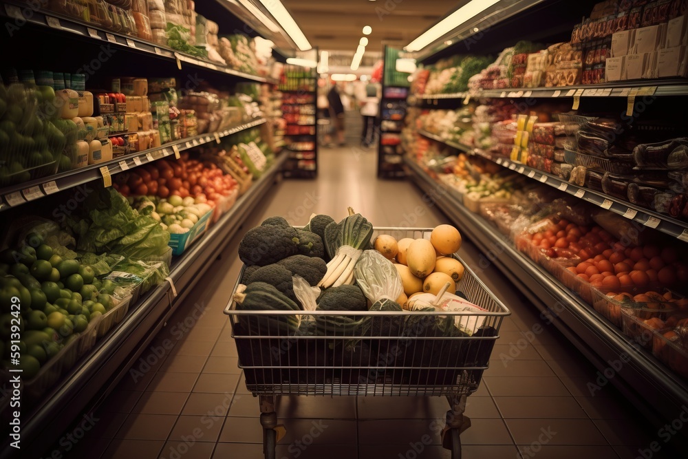  a shopping cart in a grocery store filled with fruits and veggies and a person walking past it in t