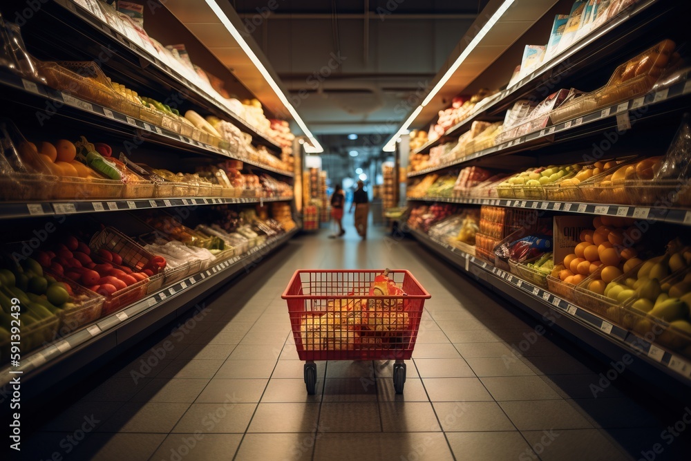  a shopping cart in a grocery store filled with fruits and vegetables and people in the background w