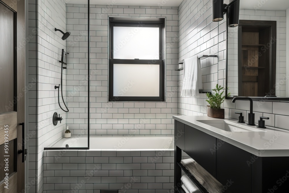  a bathroom with a sink, mirror, and bathtub with a black and white tile floor and walls and a windo