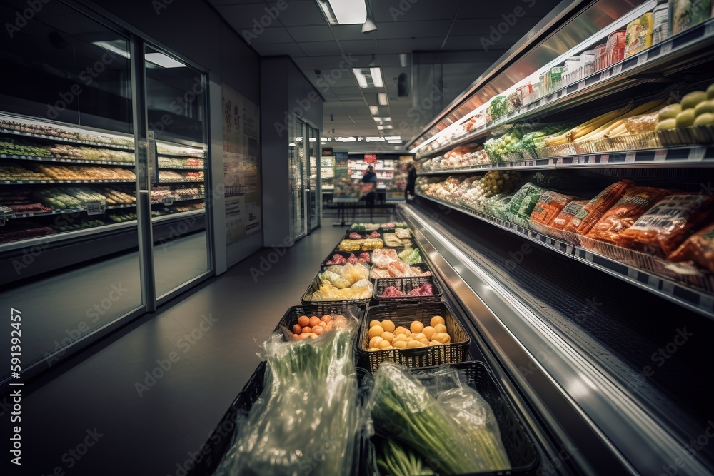  a produce section of a grocery store with produce in baskets on the shelves and on the shelves of t