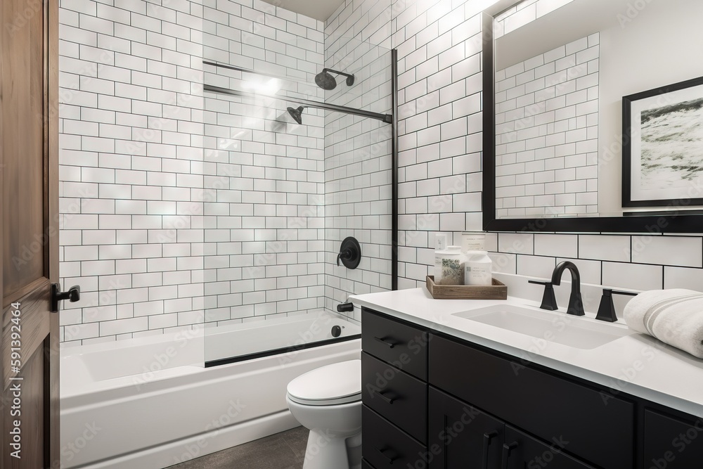  a bathroom with a toilet, sink, mirror and a shower stall with a black and white tiled wall and flo