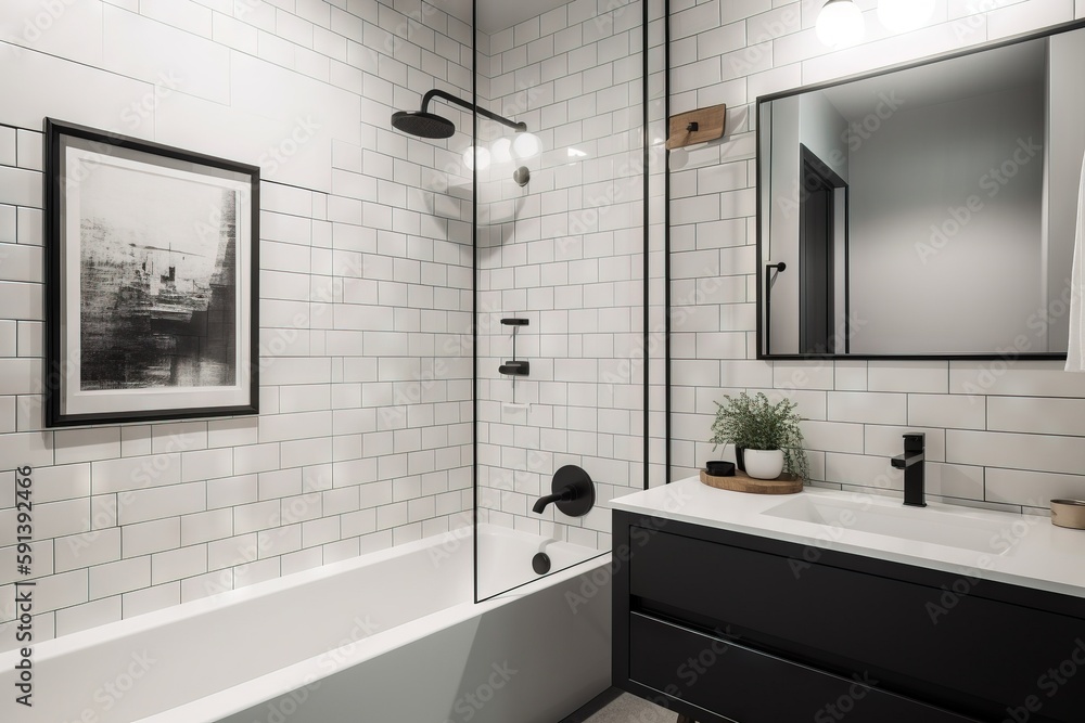  a bathroom with a sink, mirror, and bathtub with a framed picture on the wall above the sink and a 