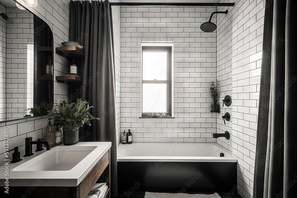  a white and black bathroom with a tub and a sink and a window with a black curtain and a rug on the