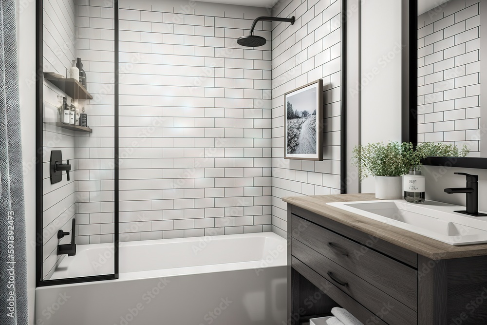  a bathroom with a sink, mirror, and a bathtub with a wooden counter top and a white tiled wall behi