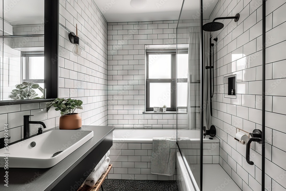  a bathroom with a sink, mirror, and bathtub with a plant in the corner of the room and a window abo