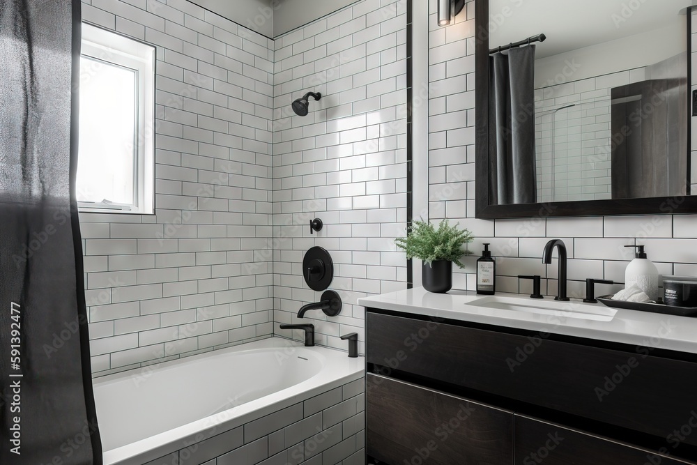  a bathroom with a sink, mirror, and bathtub with a black and white tile floor and walls and a black