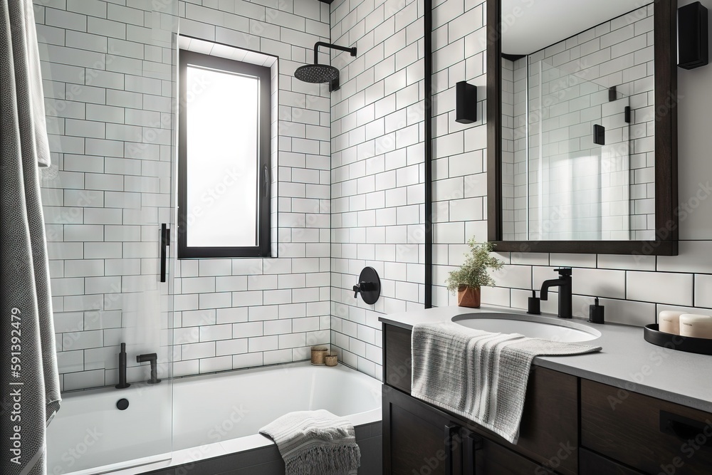  a bathroom with a sink, mirror, and bathtub with a towel on the counter and a window in the corner 