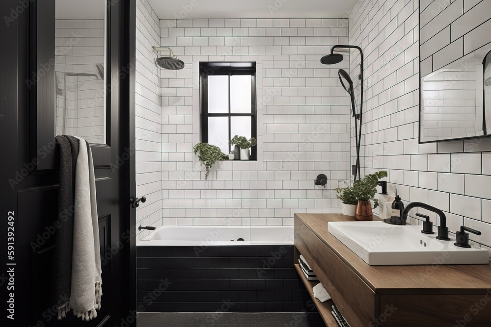  a bathroom with a tub, sink, mirror and towel rack in it and a window in the corner of the room abo