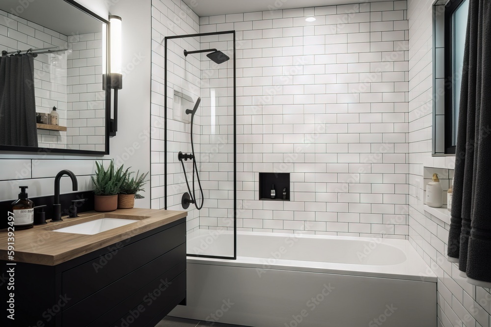  a bathroom with a sink, mirror, and a bathtub with a black and white tiled wall and floor and a woo