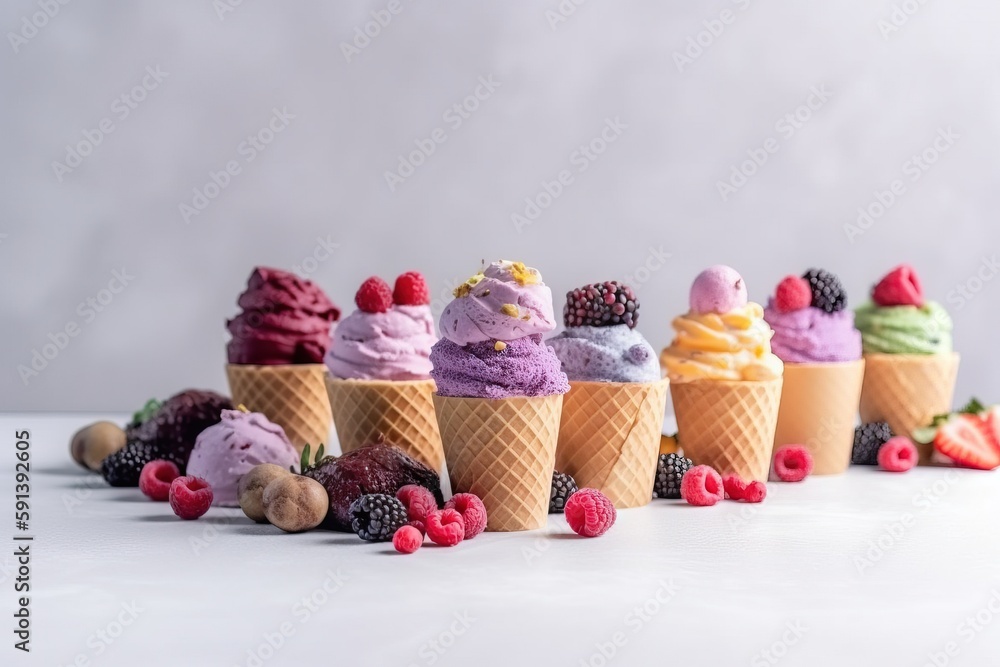  a row of ice cream cones filled with different types of ice cream and berries on top of each one of