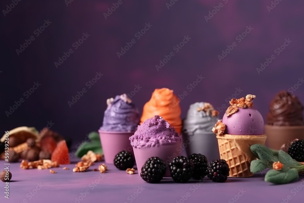  a group of ice creams with different flavors of ice cream and toppings on a purple surface with lea