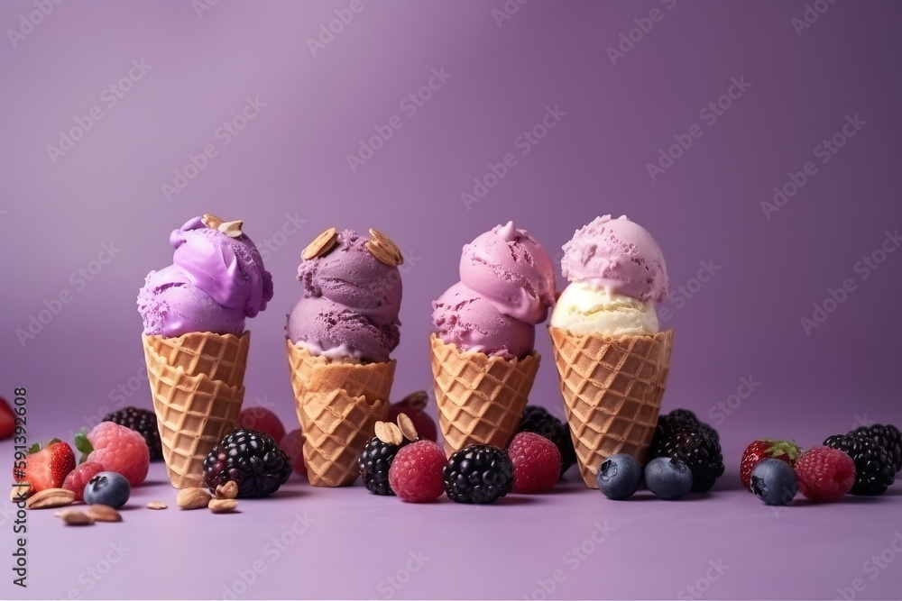  a row of ice cream cones with different flavors of ice cream and berries on a purple background wit