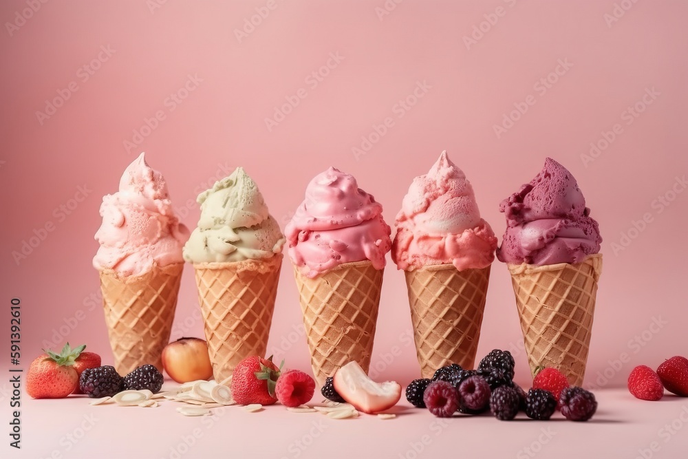  a row of ice cream cones filled with different flavors of ice cream and berries on a pink backgroun