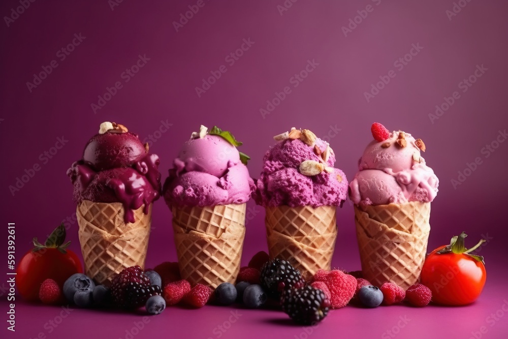  a group of ice cream cones filled with different flavors of ice cream and berries on a purple backg