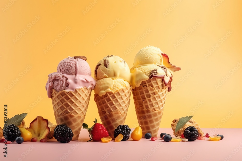  a group of ice cream cones filled with different flavors of ice cream and fruit on a pink surface w