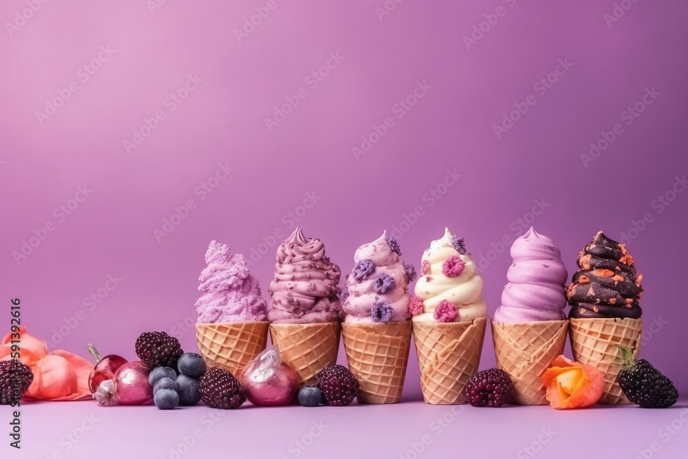  a row of ice cream cones filled with different flavors of ice cream and berries on a purple backgro