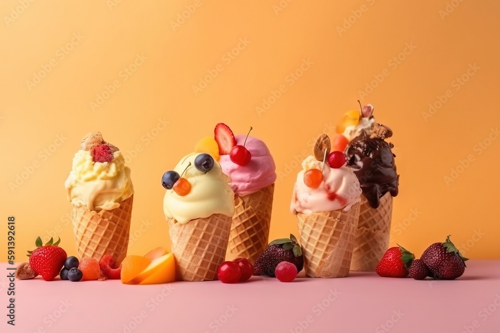  a group of ice cream cones with fruit on top of them on a pink surface with a yellow background and