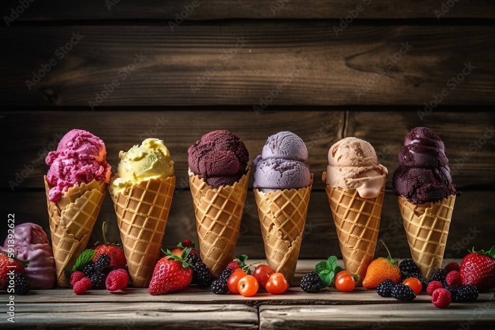  a row of ice cream cones with different flavors of ice cream and berries on a wooden table with a d