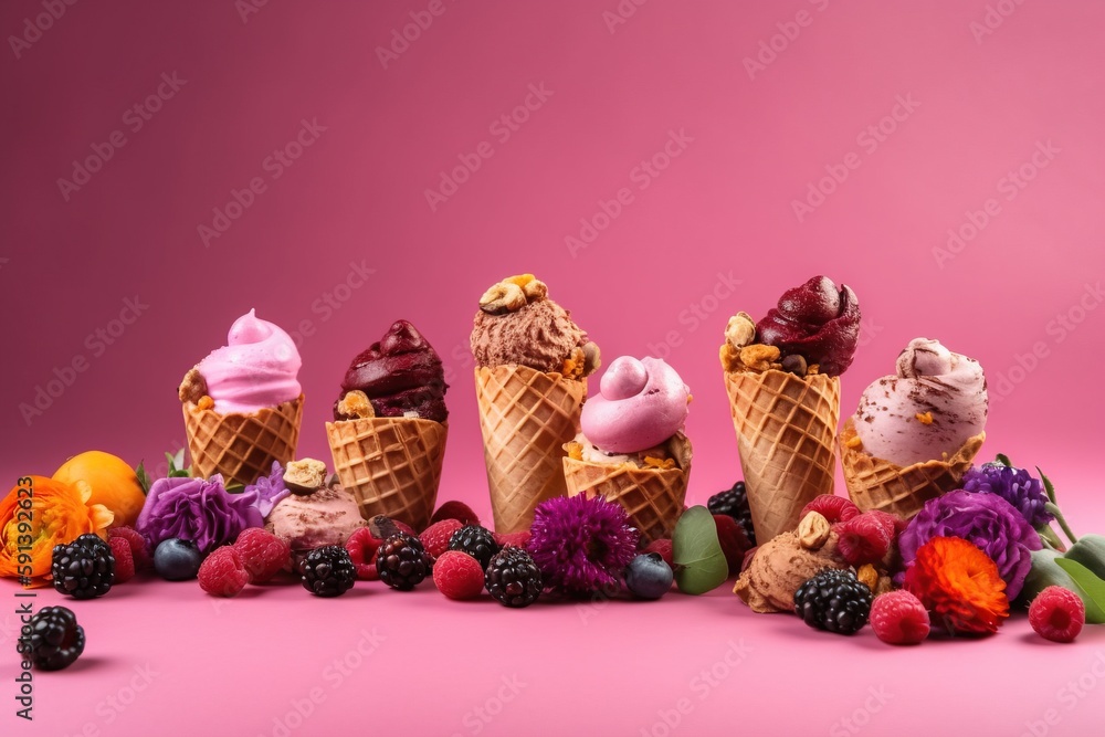  a group of ice cream cones filled with berries and raspberries on a pink background with a pink bac