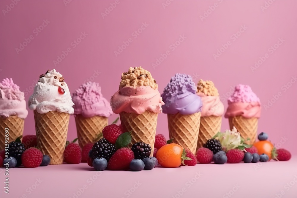  a row of ice cream cones with various toppings on top of them and fruit on the bottom of the cones 