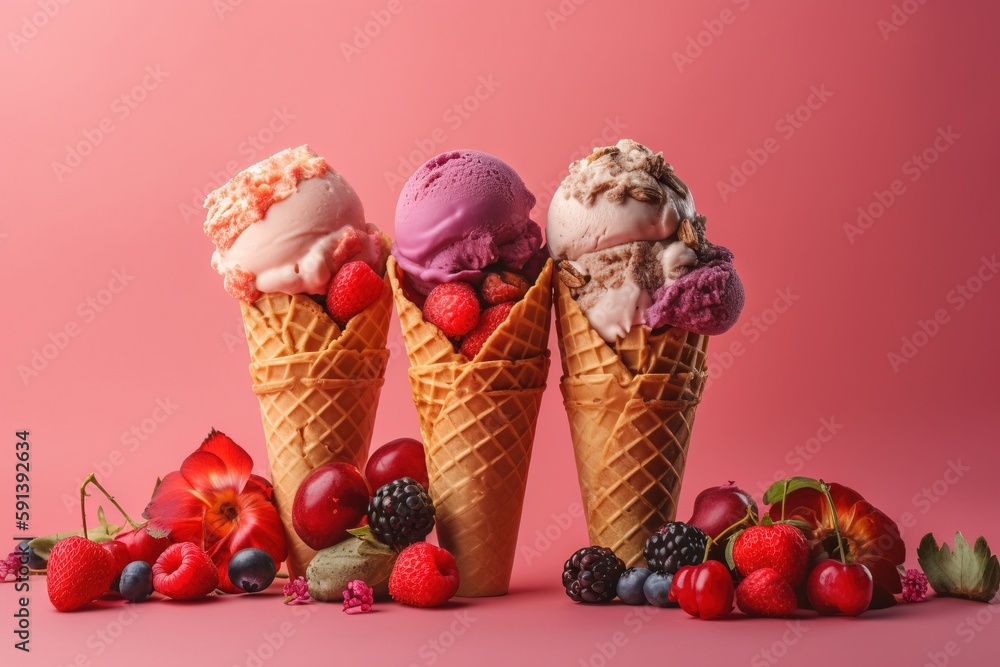  three cones of ice cream with berries, raspberries, and strawberries on a pink background with a pi