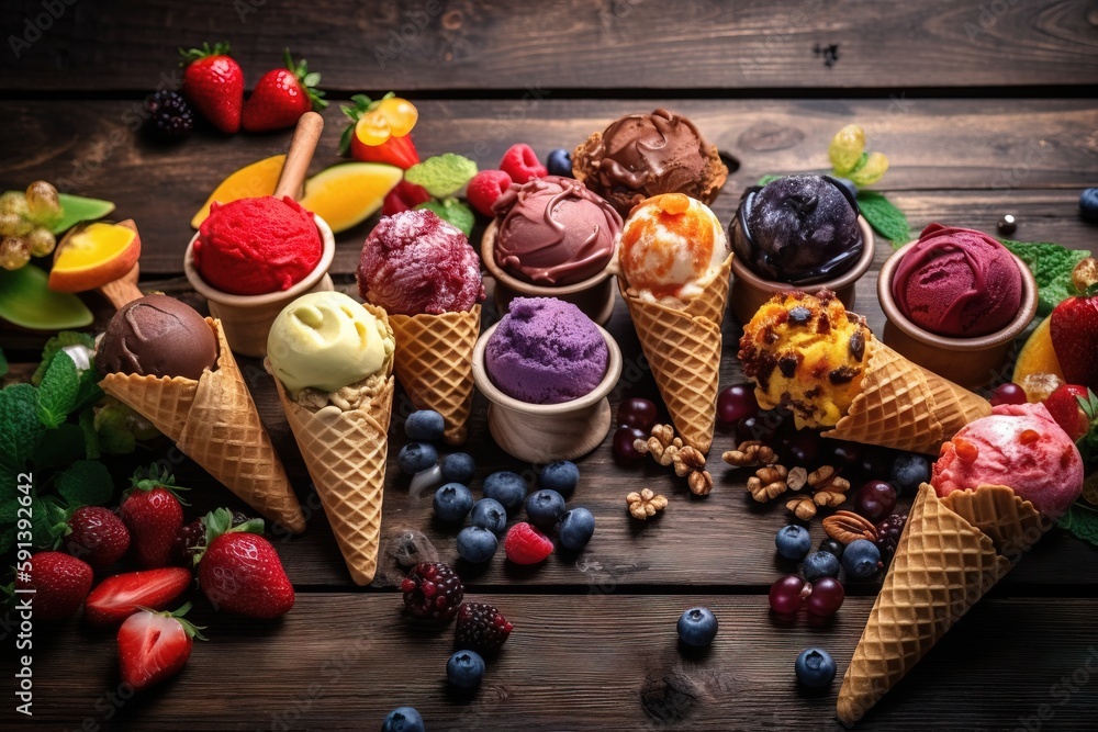  a group of ice cream cones with various toppings on a wooden table with berries, blueberries, raspb